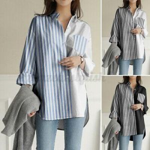 ZANZEA Womens Casual Cotton Loose Blouse Striped Tunic Office OL Shirt Top Plus