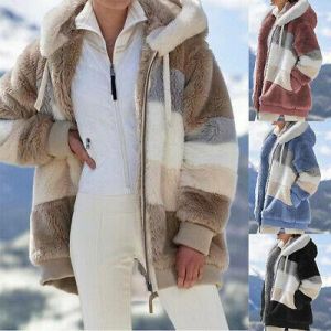 Women&#039;s Winter Warm Jacket Fashion Plush Coat Zipper Pocket Patchwork Outwear