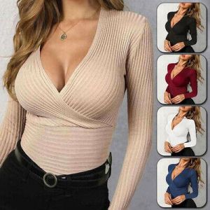 Sexy Women Low Cut V Neck Slim Fit Blouse Long Sleeve Cross Front T Shirt Tops